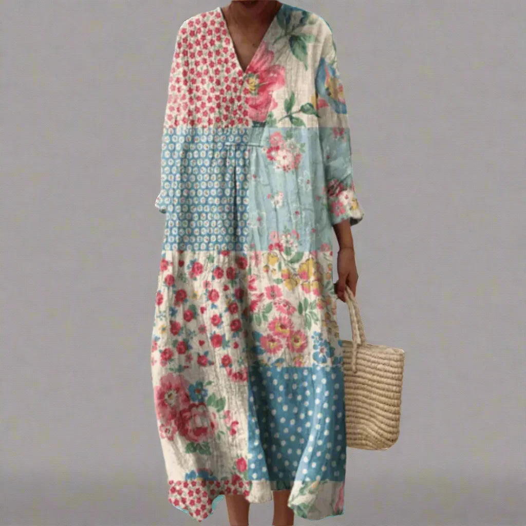 Vibrant women's abstract patchwork flowy summer dress. Comfortable plus size casual day dress with unique boho style.
