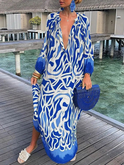 Bohemian women's long floral dress, a vibrant maxi style for summer vacations and casual outings.