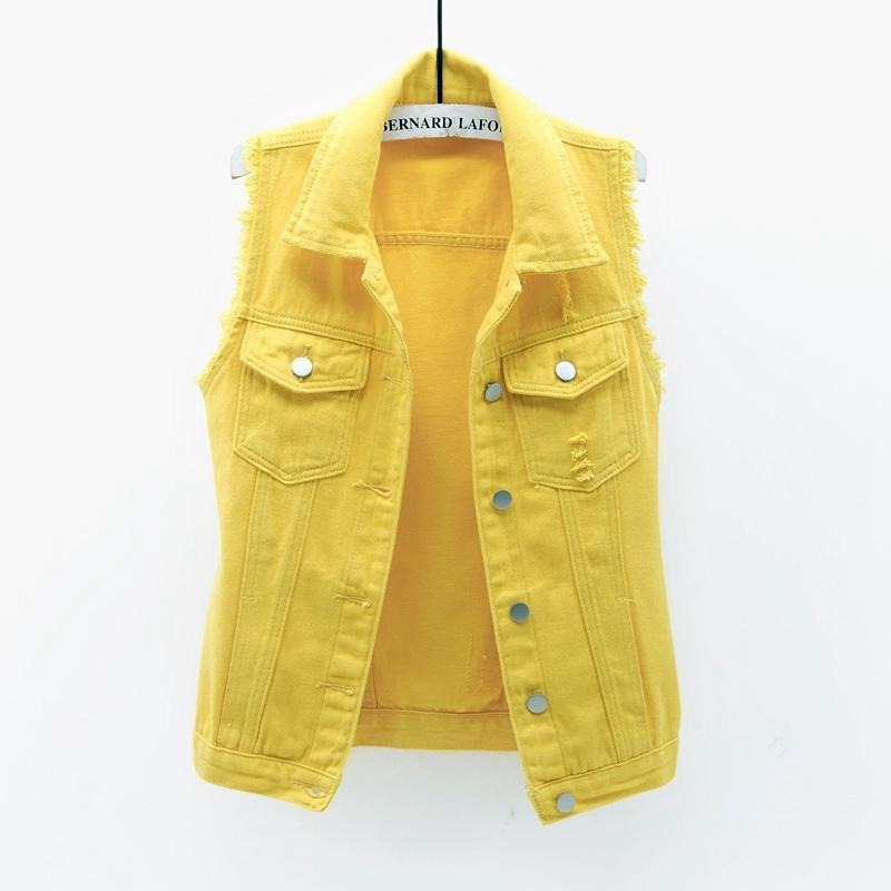 Vibrant women's denim vest, a stylish sleeveless outerwear piece perfect for casual fashion.