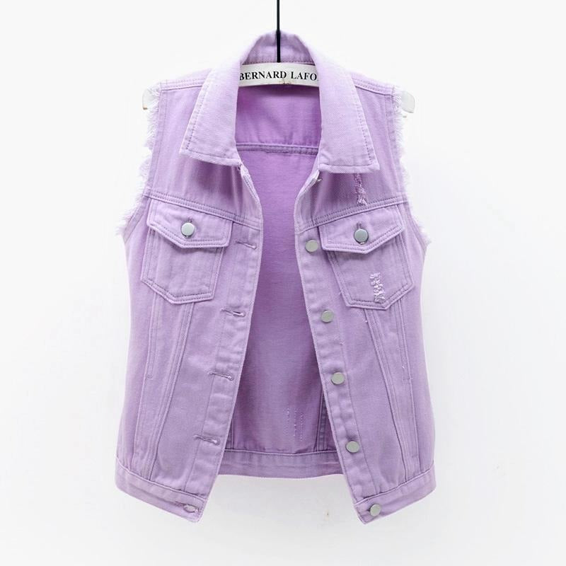 Stylish women's vibrant denim vest, a versatile jacket alternative for expressing unique style.