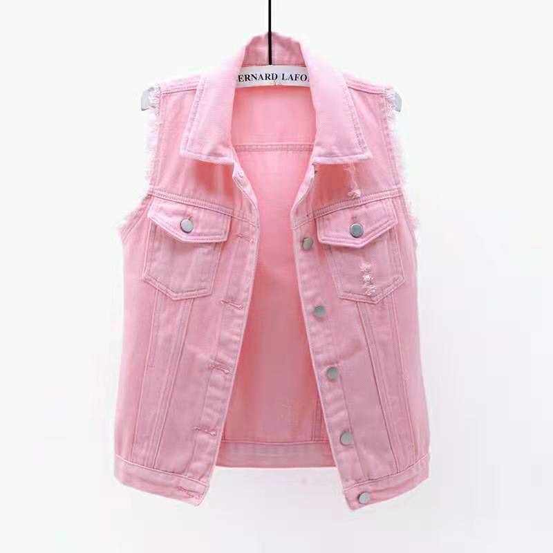 Sleeveless vibrant denim vest for women, a statement piece in casual fashion apparel.
