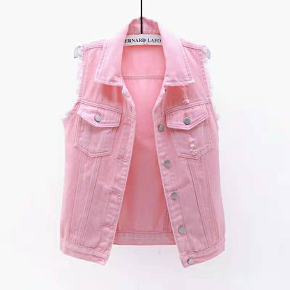 Sleeveless vibrant denim vest for women, a statement piece in casual fashion apparel.