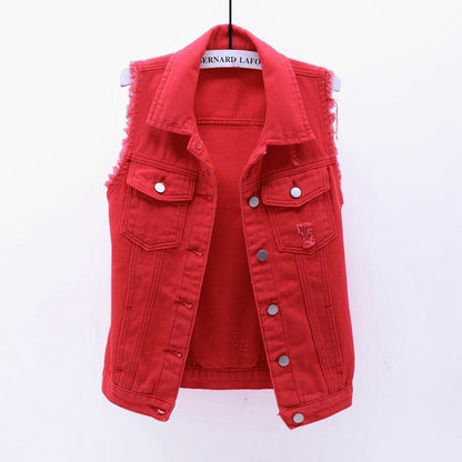 Express your style with this vibrant women's denim vest, a chic and versatile outerwear option.