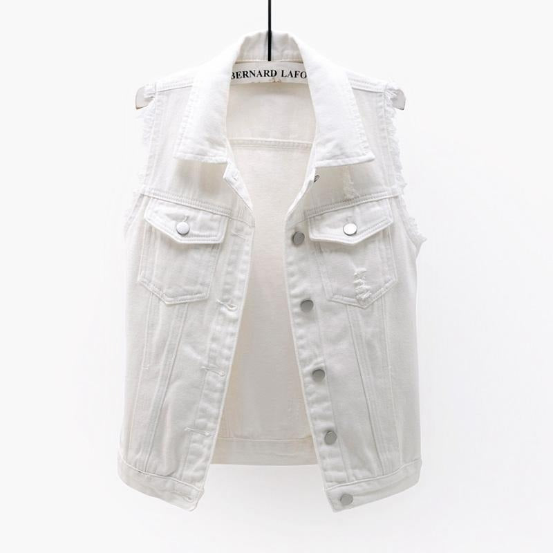 Casual women's vibrant denim vest, a trendy and versatile sleeveless jacket alternative.
