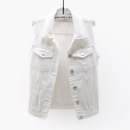 Casual women's vibrant denim vest, a trendy and versatile sleeveless jacket alternative.