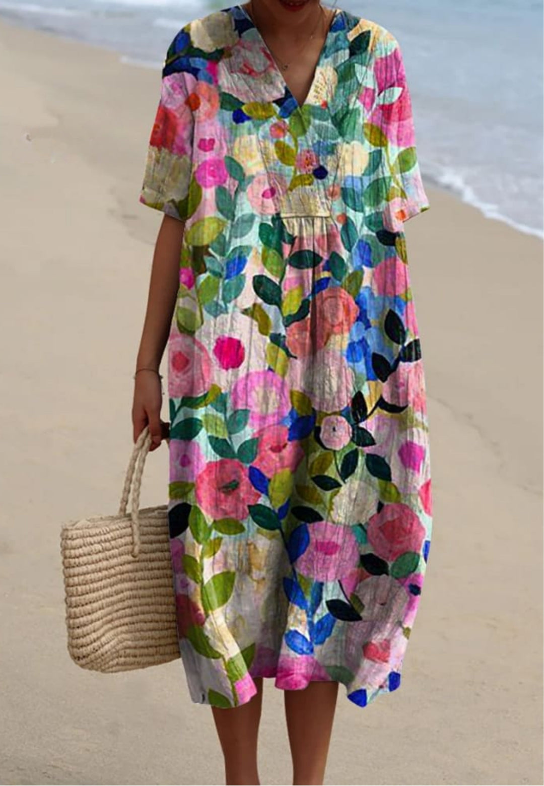 Vibrant women's floral garden print flowy midi dress, short sleeve, perfect for spring summer casual elegance.