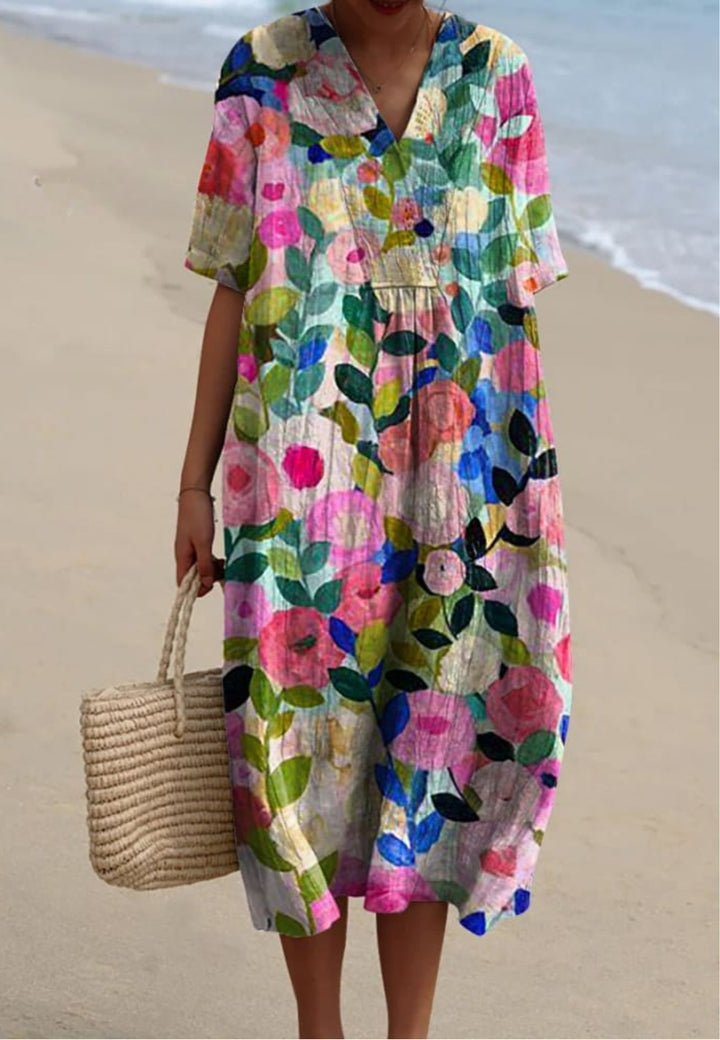 Vibrant women's floral garden print flowy midi dress, short sleeve, perfect for spring summer casual elegance.