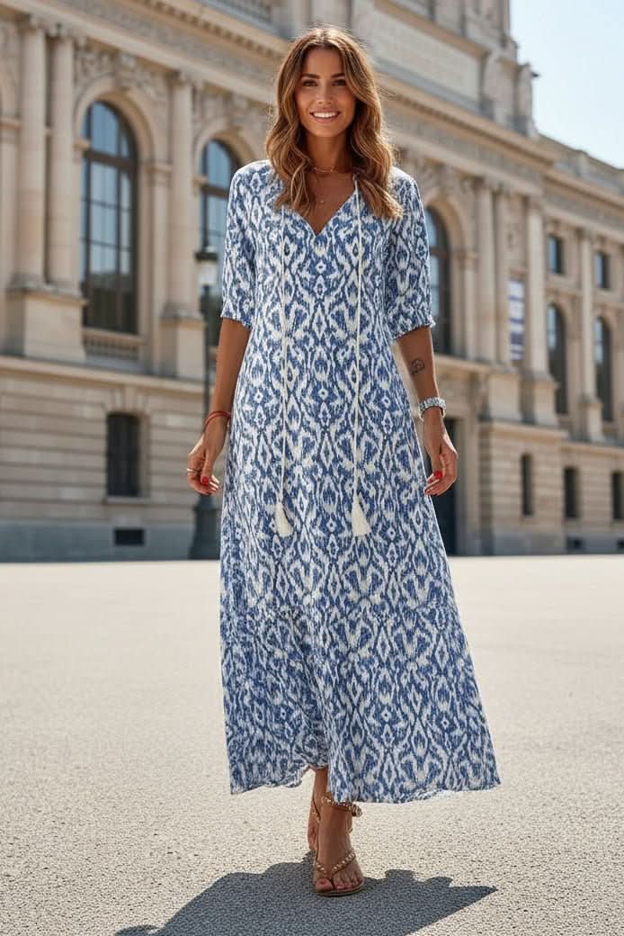 Vibrant women's summer maxi dress, flowy & elegant. Perfect for beachwear, vacation, or resort.