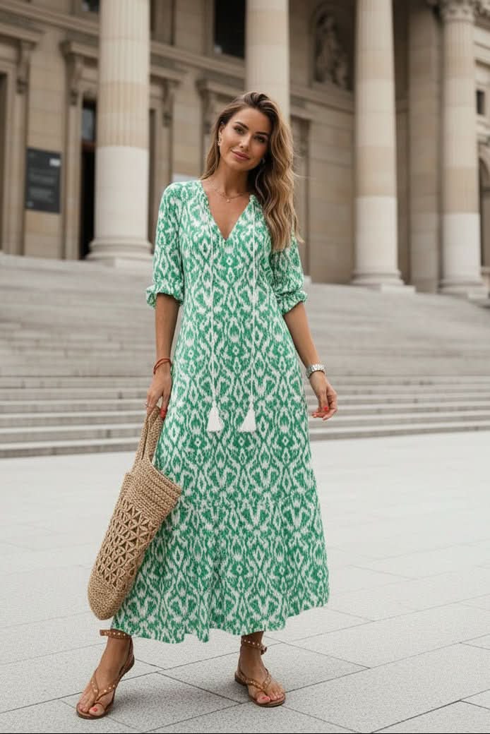 Elegant vibrant women's maxi dress with a flowy silhouette. Chic summer vacation dress & resort wear.