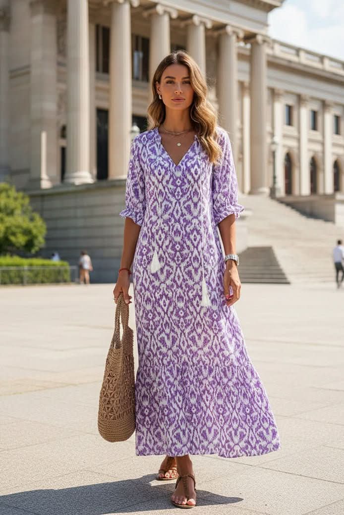 Brightly patterned vibrant women's summer maxi dress. Elegant, flowy, & comfortable for resort wear or vacation.