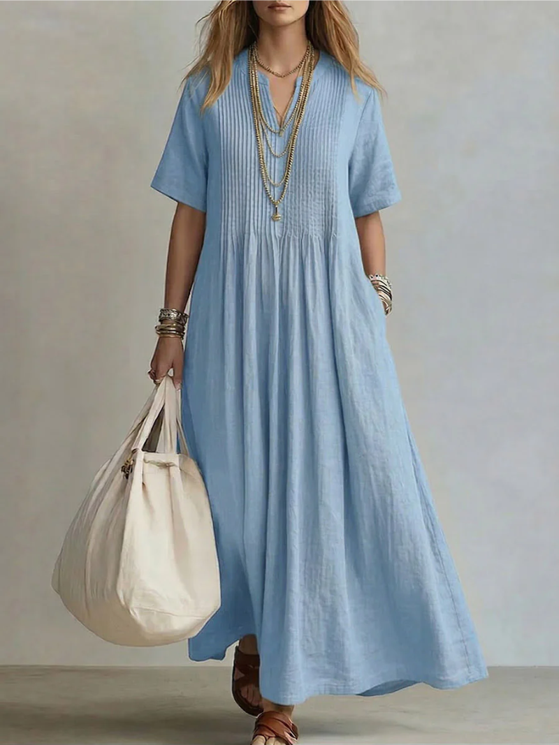 Stylish women's vibrant V-neck midi dress for elegant occasion wear. Flattering and comfortable for all-day chic.