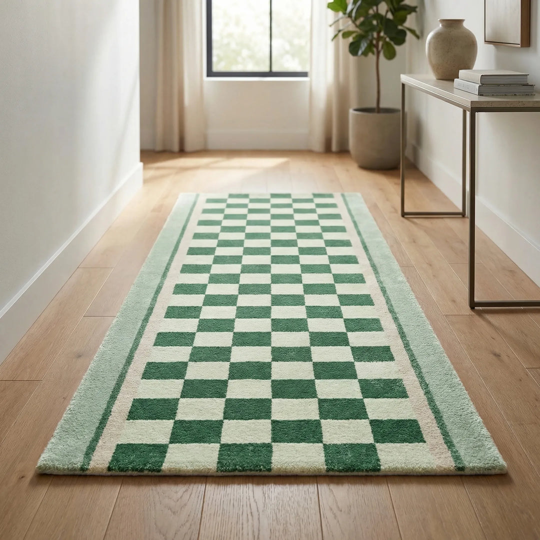 Vintage checkerboard runner rug with Flowique waves, perfect for hallways & entryways. Green, blue, yellow colors.