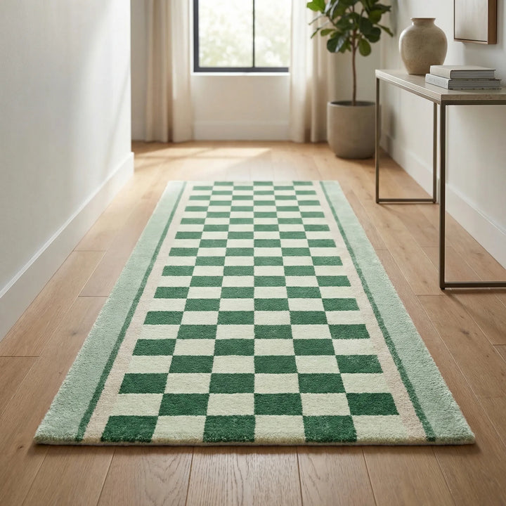 Vintage checkerboard runner rug with Flowique waves, perfect for hallways & entryways. Green, blue, yellow colors.