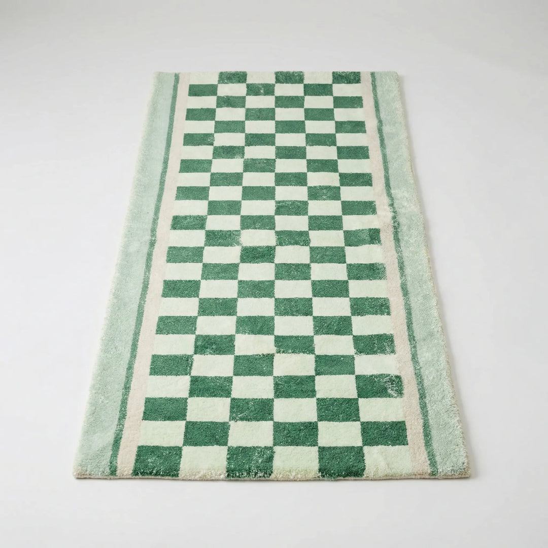 Non-slip checkerboard vintage runner rug in green, blue, yellow for stylish hallway and entryway decor.