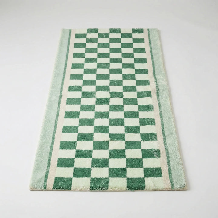 Non-slip checkerboard vintage runner rug in green, blue, yellow for stylish hallway and entryway decor.