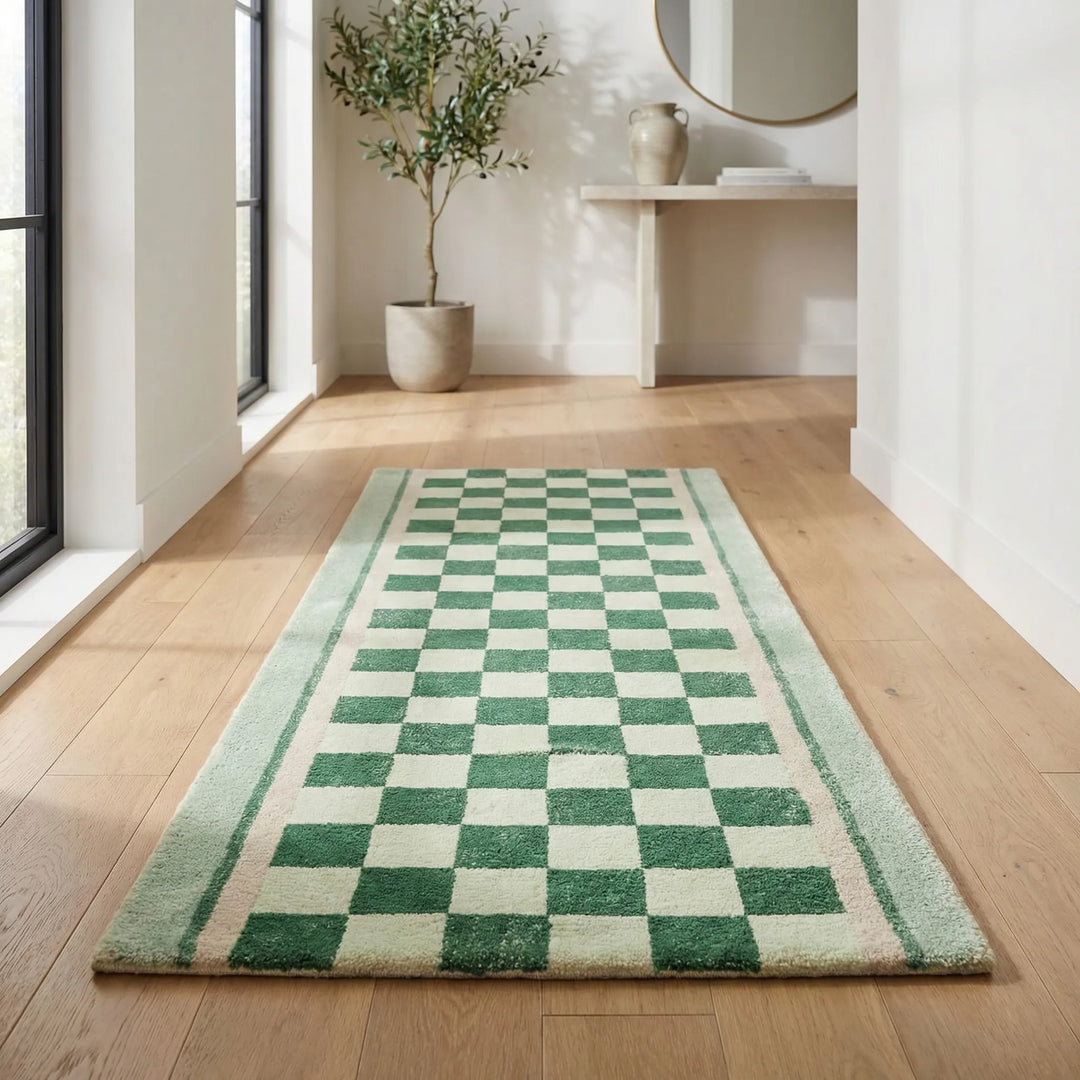 Unisex vintage checkerboard runner rug. Green, blue, yellow waves for vibrant hallway and entryway decor.