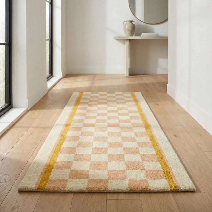 Elegant vintage checkerboard hallway runner rug. Soft, non-slip floor covering with green, blue, yellow waves.