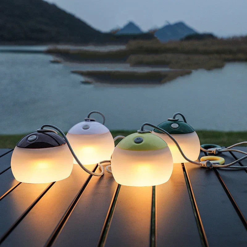 Portable vintage LED camping lantern, rechargeable, essential hiking gear & tent light.