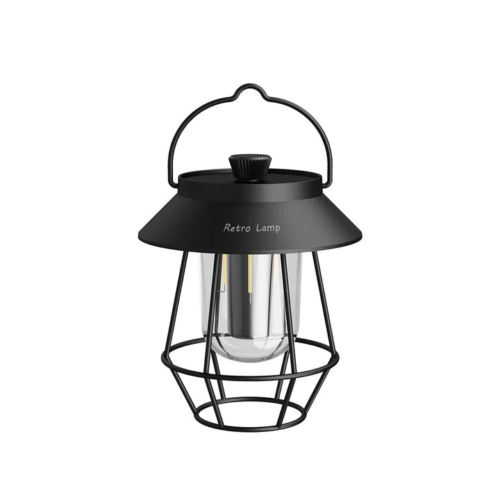 Vintage LED camping lantern with warm glow, USB rechargeable. Ideal for outdoor ambiance & emergency lighting.