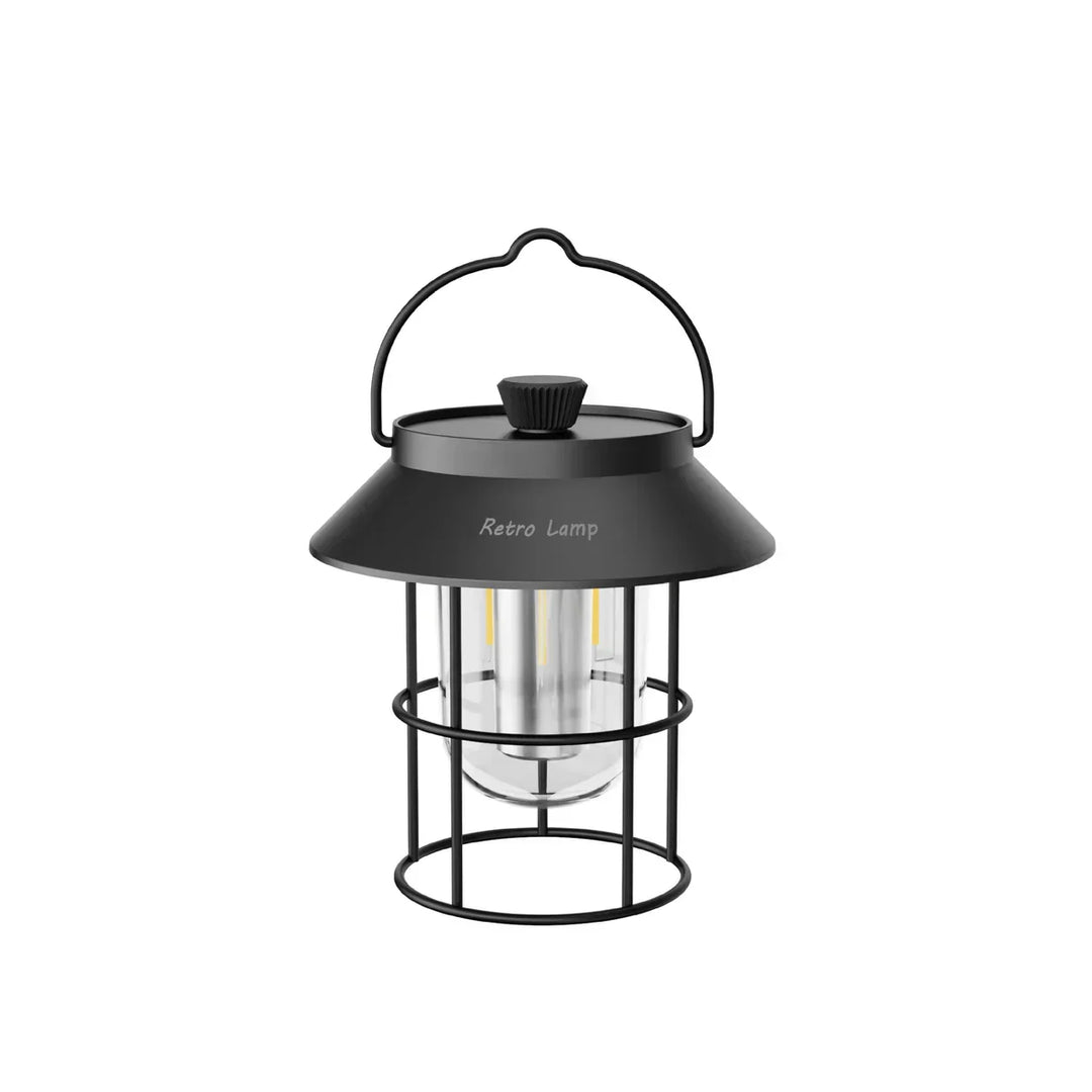 Portable CampGlow retro LED camping lantern, USB rechargeable. Perfect for outdoor adventures & mood lighting.