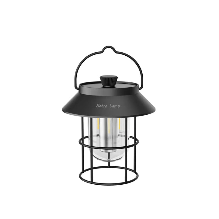 Portable CampGlow retro LED camping lantern, USB rechargeable. Perfect for outdoor adventures & mood lighting.