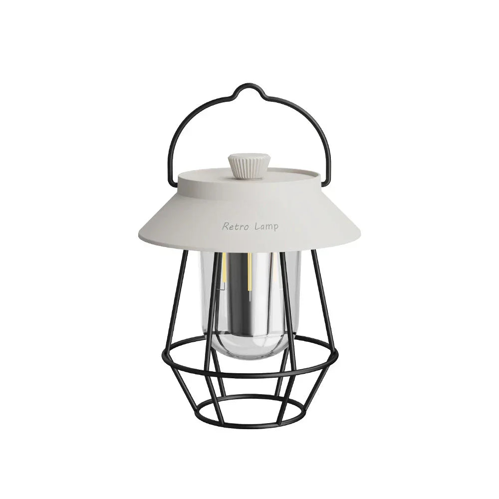 Retro LED camping lantern for outdoor lighting & emergency. Portable, vintage design CampGlow ambiance light.
