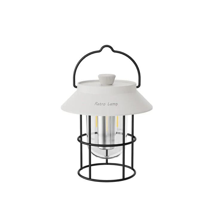 CampGlow vintage camping lantern, USB rechargeable LED mood light. Perfect for outdoor ambiance & portable use.