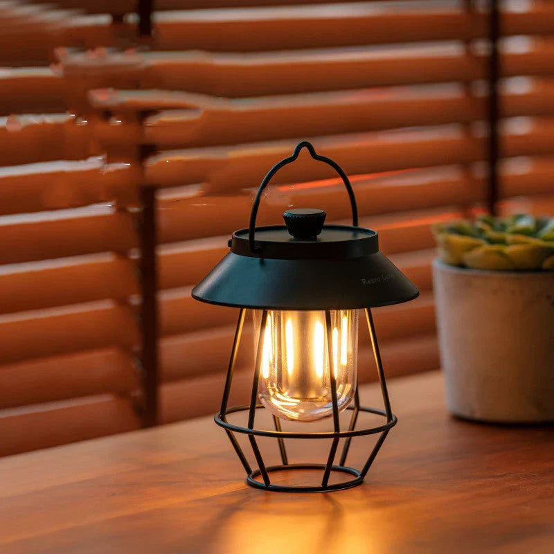 Unisex retro LED camping lantern, USB rechargeable. Portable CampGlow light for camping, outdoor, emergency.