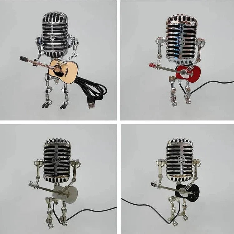 Adjustable vintage microphone robot lamp holding a guitar, perfect unique desk light for music lovers.