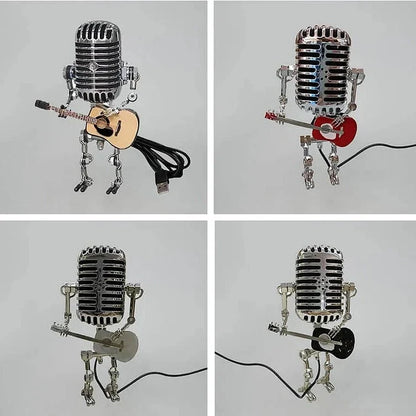 Adjustable vintage microphone robot lamp holding a guitar, perfect unique desk light for music lovers.