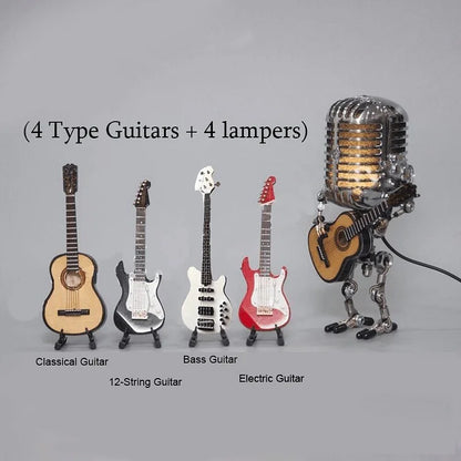 Unique vintage microphone robot lamp with guitar, an ideal gift for music lovers & retro home decor.