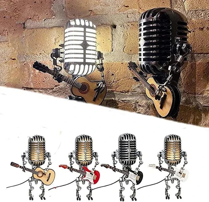 Charming vintage robot desk lamp featuring a microphone head and guitar, adds retro character to any space.