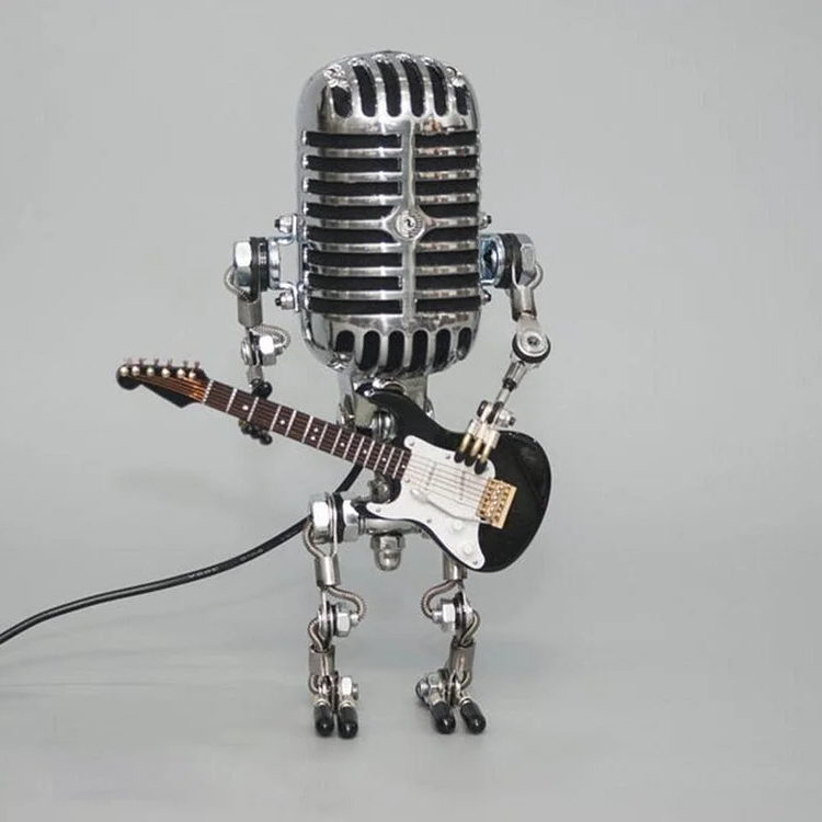 Retro robot lamp: vintage microphone head, metal body, holding a guitar. Perfect unique desk light for music decor.