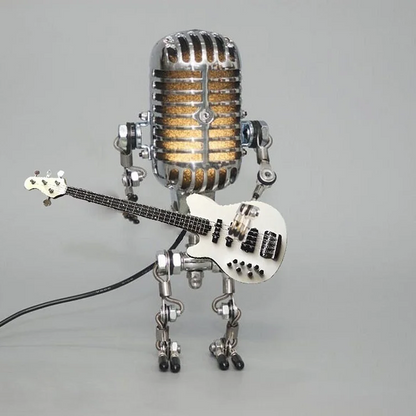 Cool vintage microphone robot desk lamp with a guitar, creating a retro aesthetic. Great for any home office.