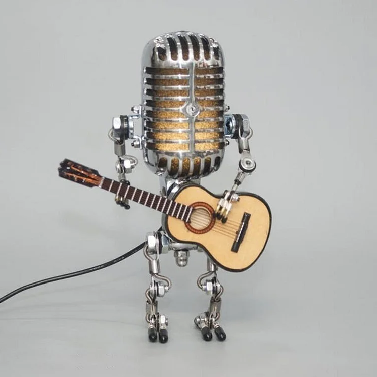 Decorative vintage metal robot lamp with a microphone head and guitar, a stylish piece of retro home decor.