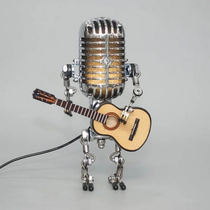 Decorative vintage metal robot lamp with a microphone head and guitar, a stylish piece of retro home decor.