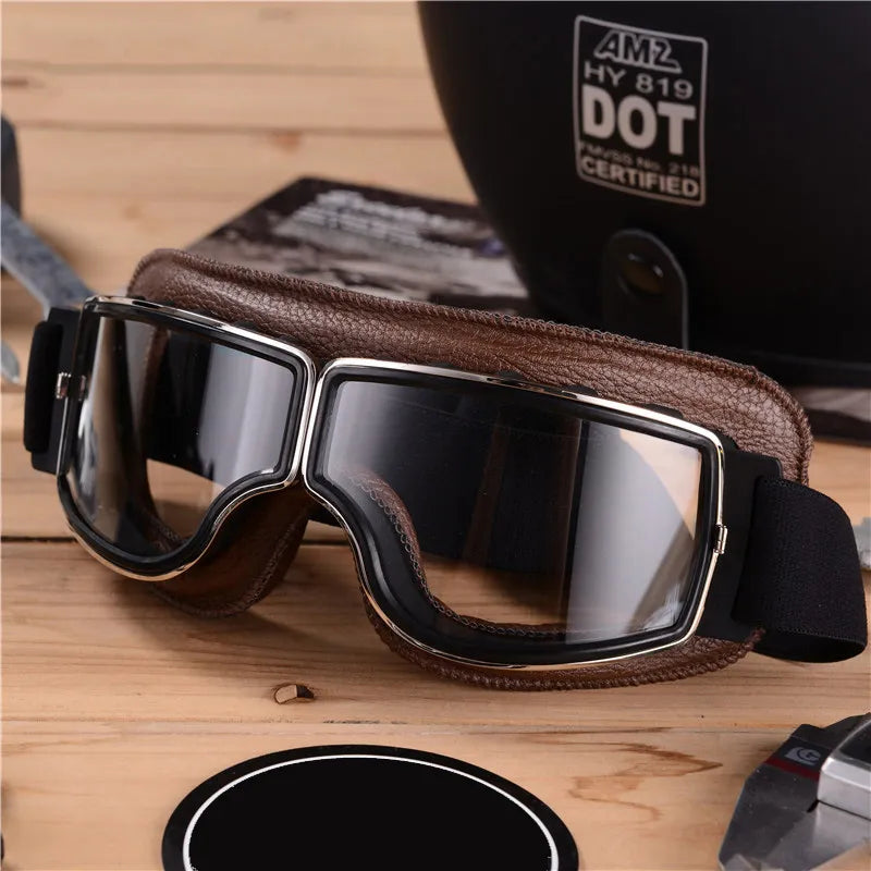 Vintage motorcycle goggles, unisex, UV protection, windproof & adjustable strap for retro moto riding gear.