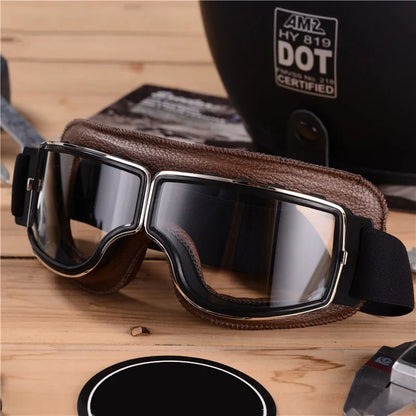 Vintage motorcycle goggles, unisex, UV protection, windproof & adjustable strap for retro moto riding gear.
