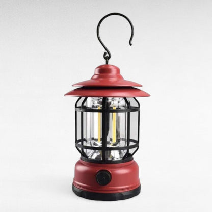 Classic vintage design rechargeable LED camping lantern, dimmable for optimal outdoor and indoor lighting.