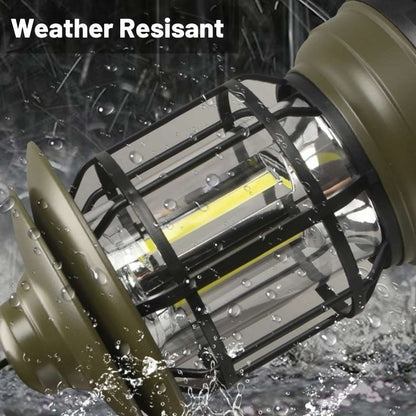 Compact rechargeable LED camping lantern with a vintage look, ideal for outdoor enthusiasts.