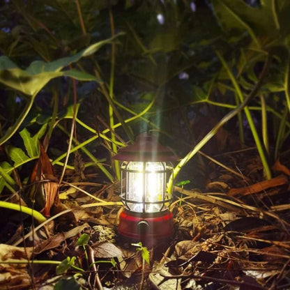 Elegant vintage rechargeable LED lantern for camping, with adjustable brightness for ambiance.