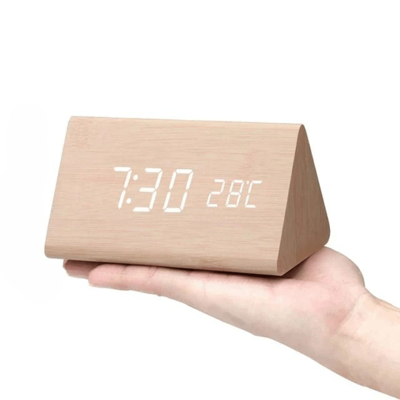 Sleek voice activated wooden LED clock for smart time display, perfect for a modern bedroom.