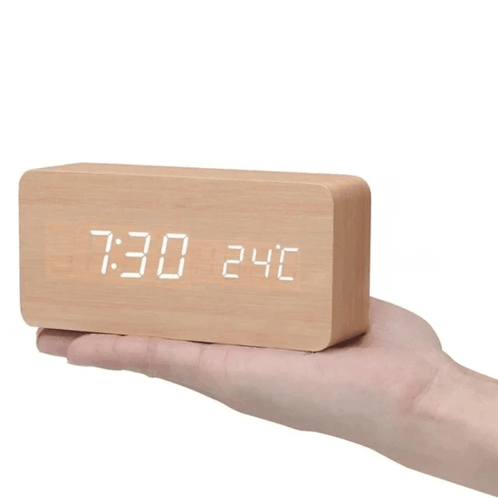 Smart voice activated wooden LED clock, a versatile digital desk or table clock for modern homes.