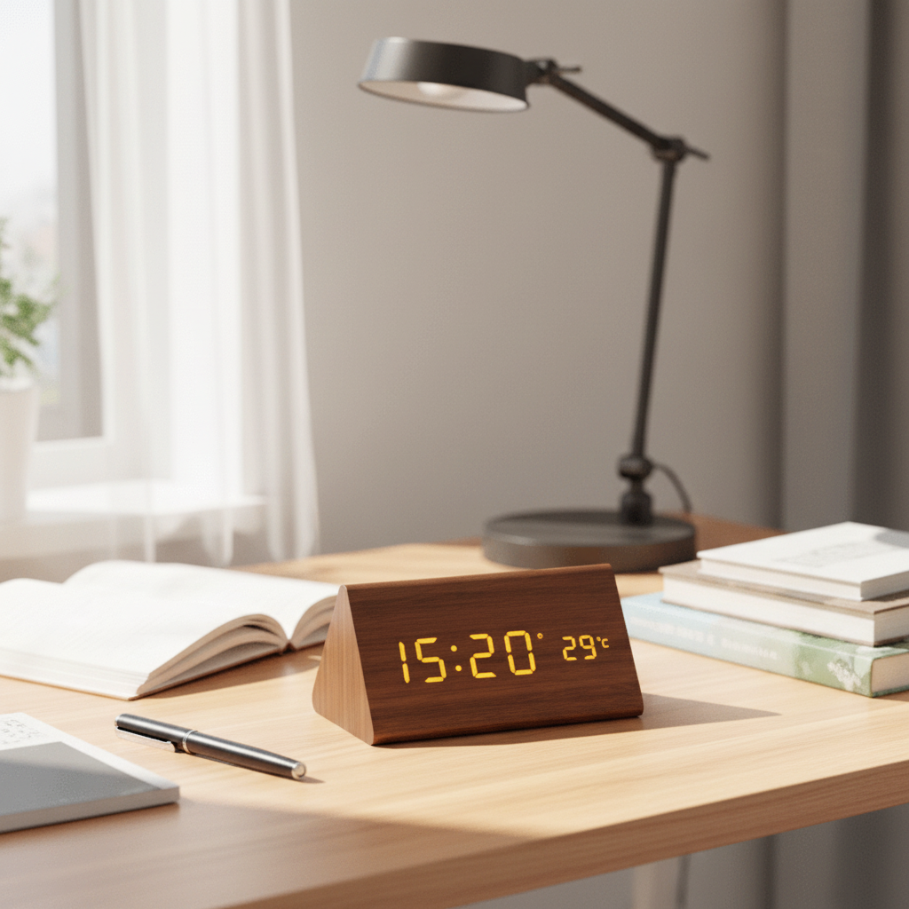 Smart voice activated wooden LED clock displaying time, perfect for modern minimalist home decor.