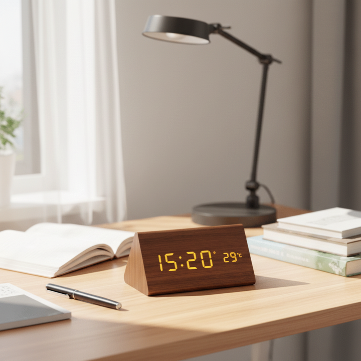 Smart voice activated wooden LED clock displaying time, perfect for modern minimalist home decor.