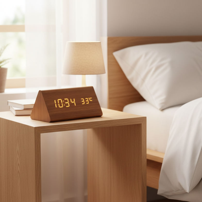 Elegant voice activated LED wooden digital clock, ideal as a minimalist desk or table clock.