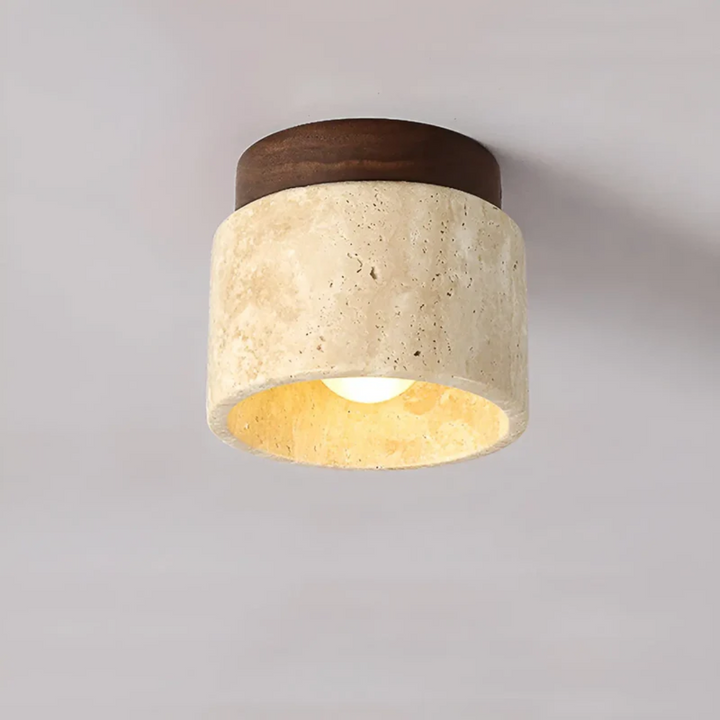 Minimalist Wabi Sabi style ceiling light, featuring unique travertine stone, perfect for a modern Japanese-inspired home.