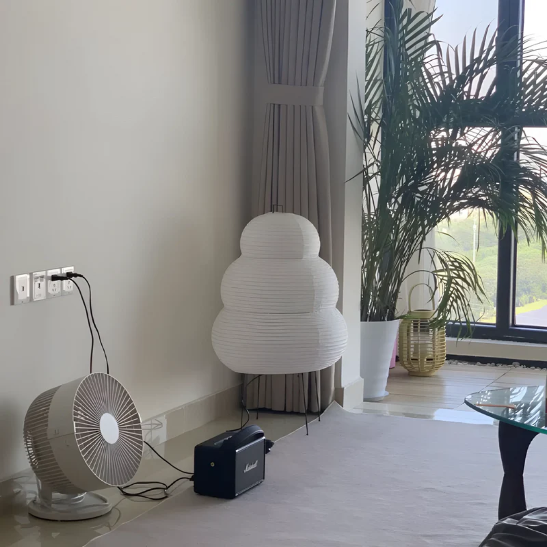 Wabi-Sabi Japanese rice paper floor lamp, SereneAura, for serene living room ambiance & minimalist home decor.