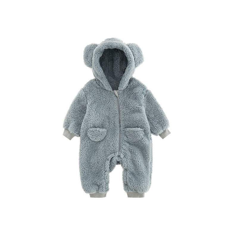 Warm baby fleece romper with cute animal print, perfect for cozy infants and toddlers in winter.