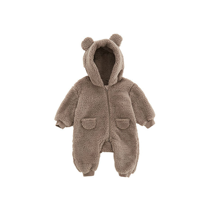 Cozy newborn baby fleece onesie with playful animal print, ideal warm infant outfit for winter.
